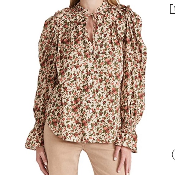 FP Meant to Be Floral Print Pleated Split Round Tie Neck Long Puff Sleev… - Picture 6 of 9